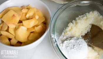peach slices, let, crumble topping ingredients in a glass bowl, right