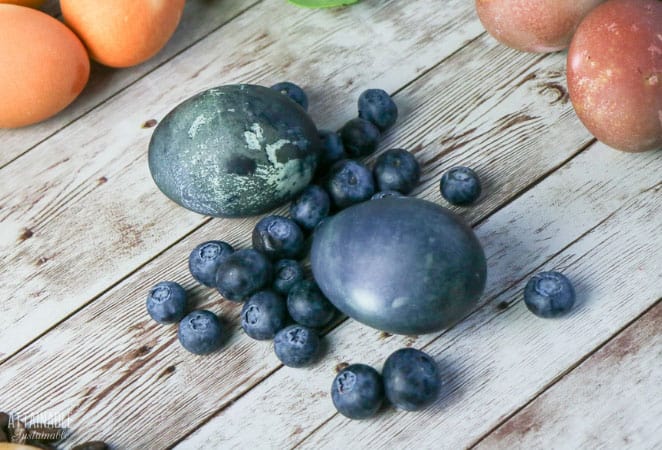 easter eggs dyed dark blue alongside blueberries