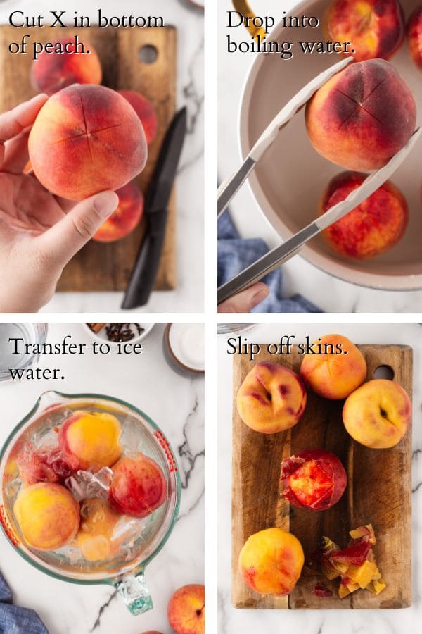4 panel image showing the process of blanching and peeling peaches.
