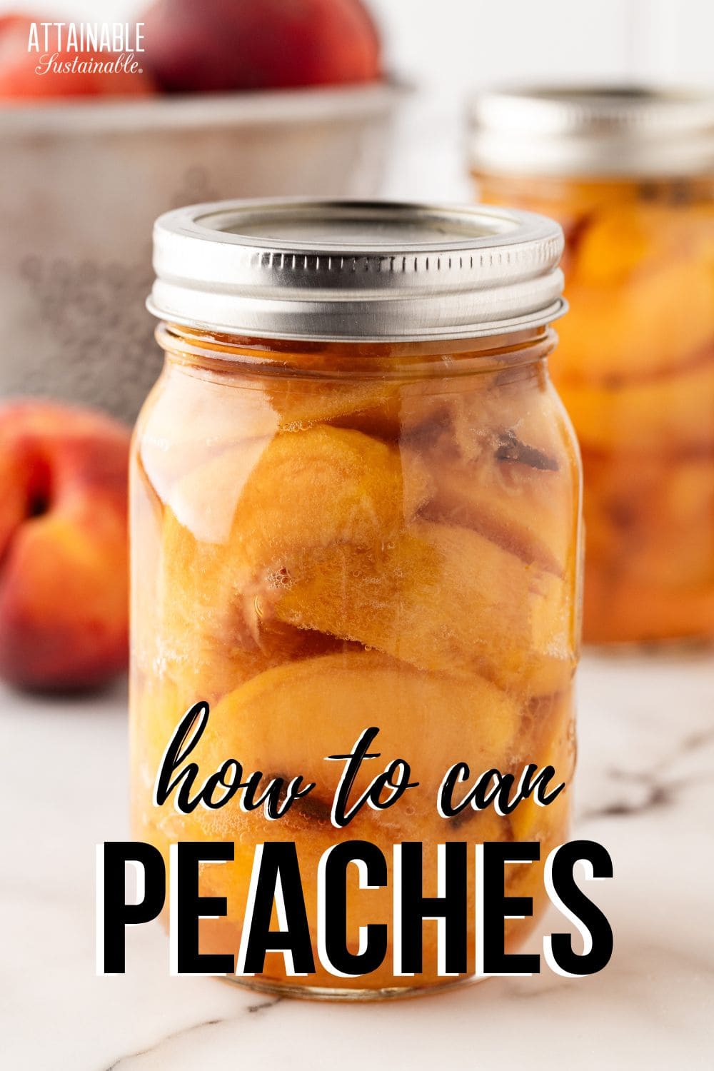 jar of canned peaches on a marble surface.