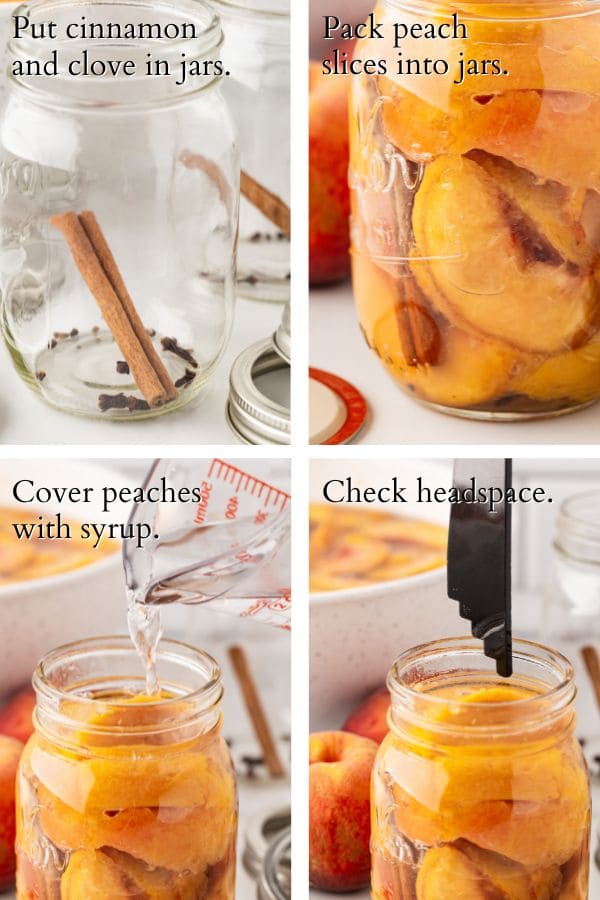 4 panel showing filling the jars for canning peaches.