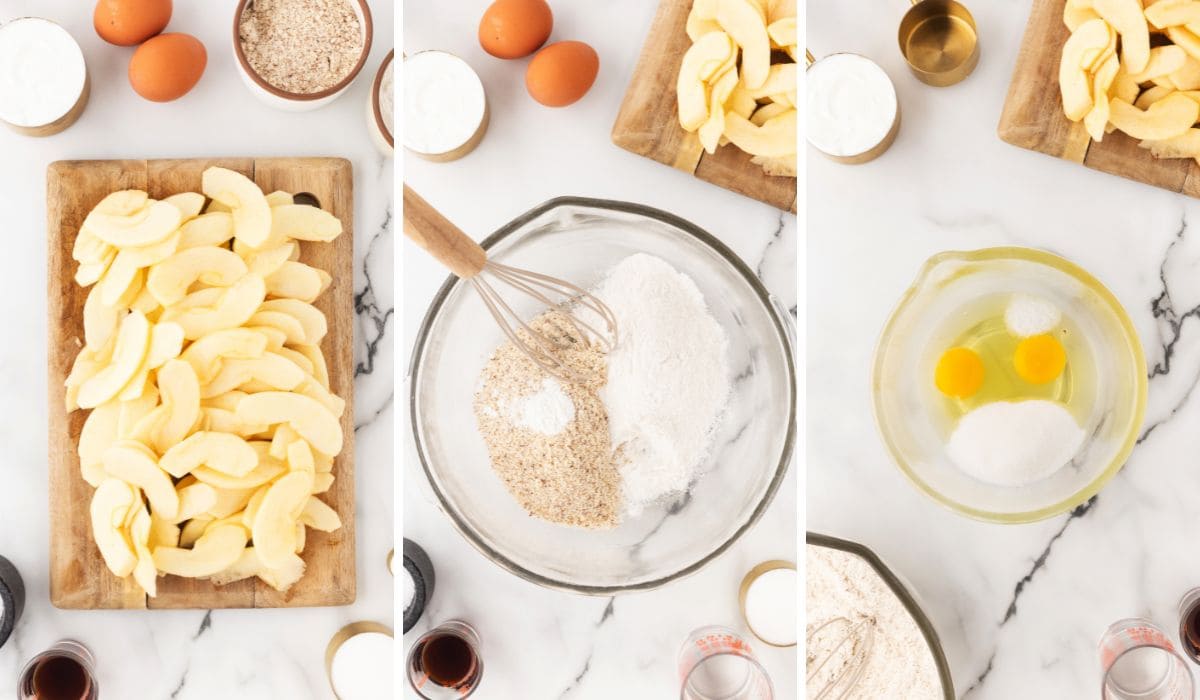 3 panel showing sliced apples on a cutting board, mixing the dry ingredients, and mixing the eggs.