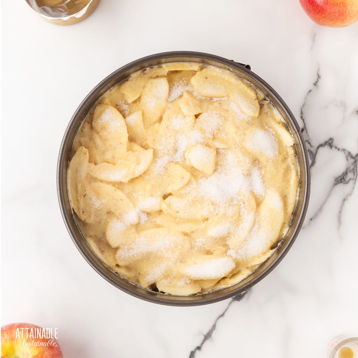 apple cake in a pan, before baking.