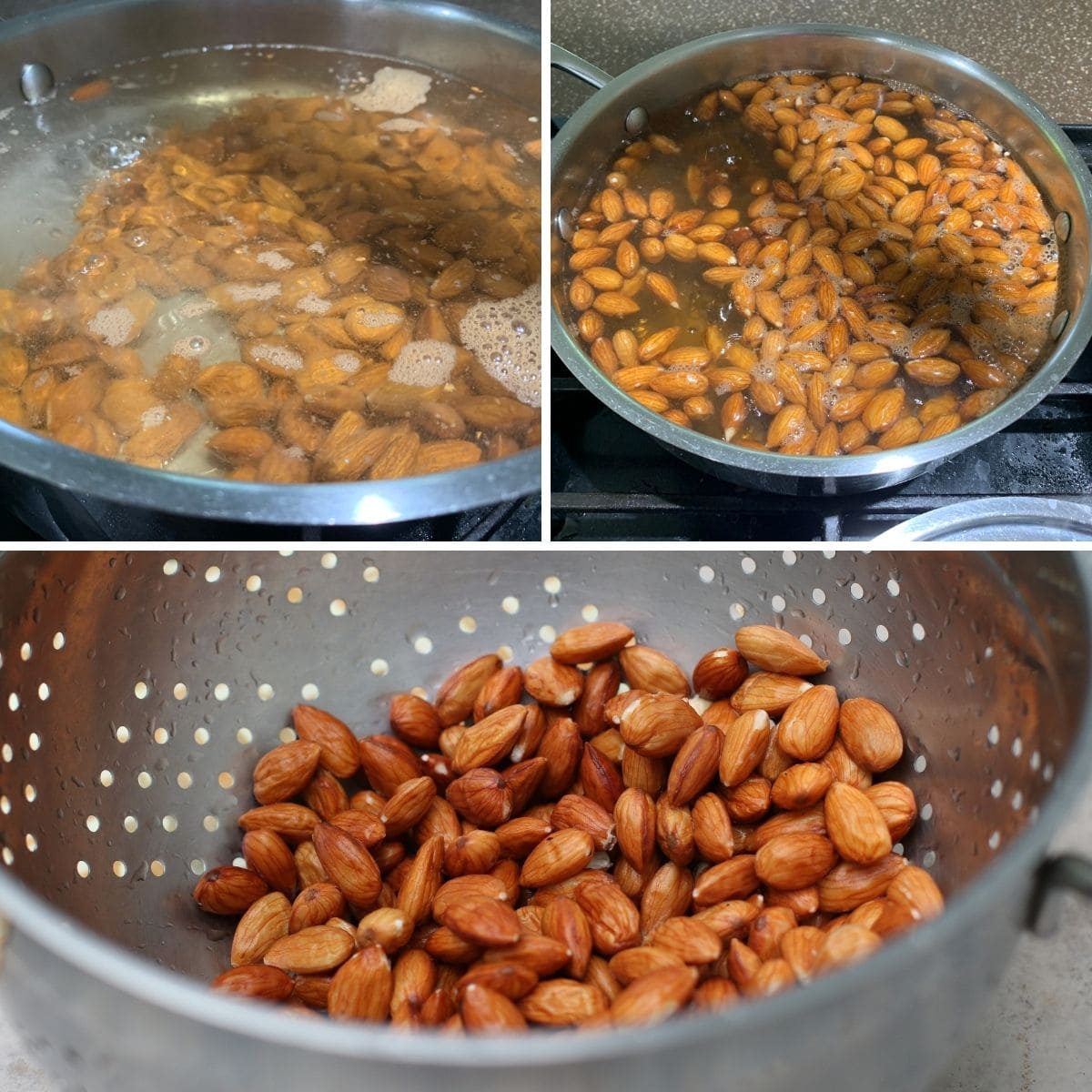 almonds in boiling water and a colander.