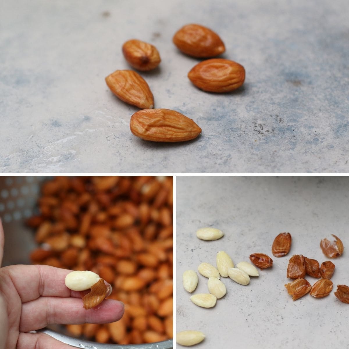 almonds with loose skin, and after skin is removed.