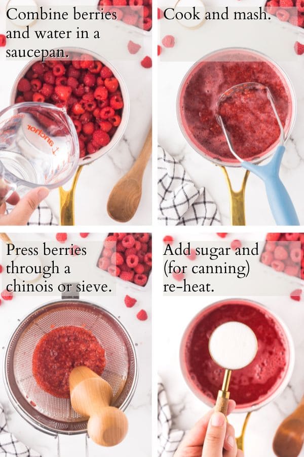 4 panel showing process of cooking puree: adding water, mashing, sieving, and adding sugar.