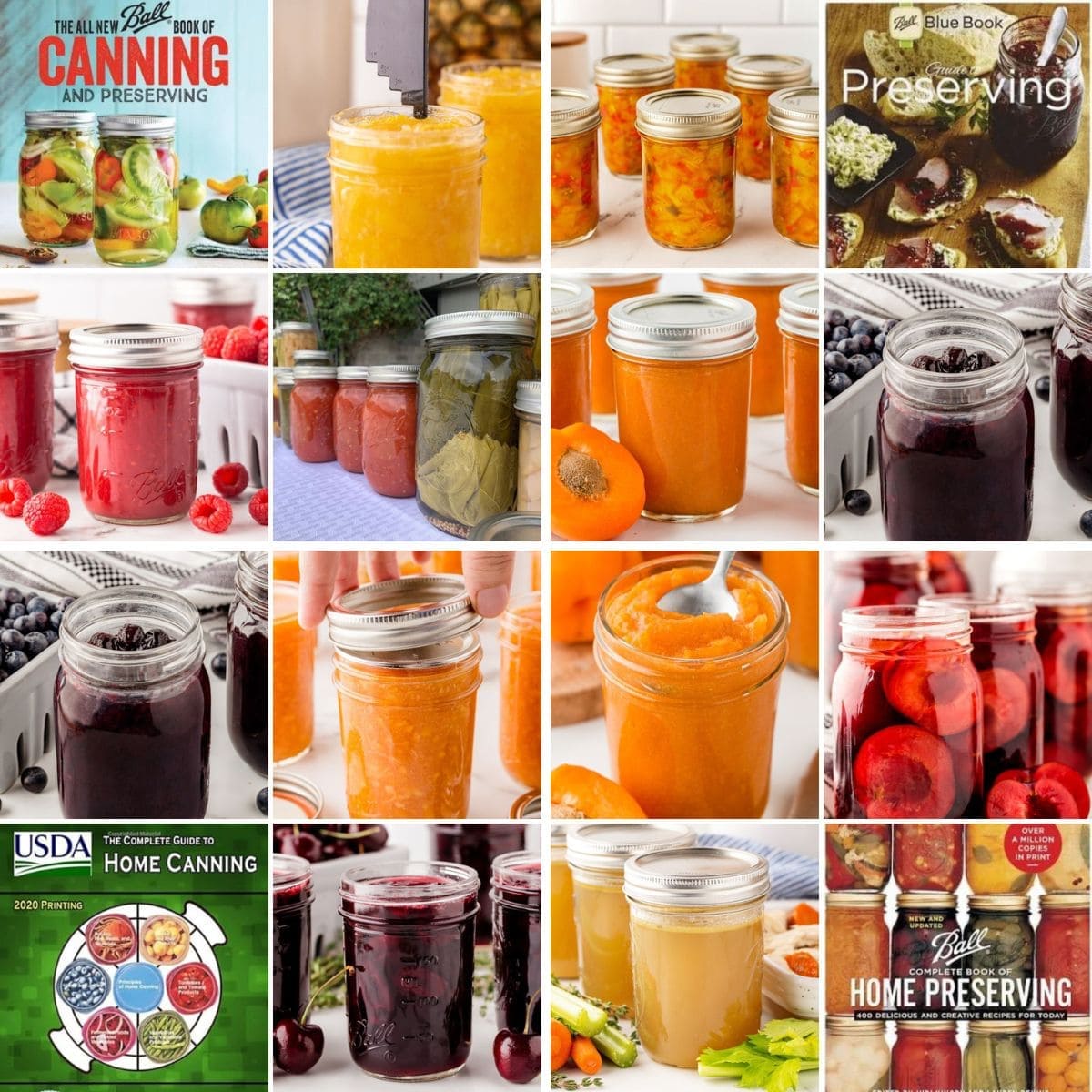collage of safe canning books and various home canned goods.