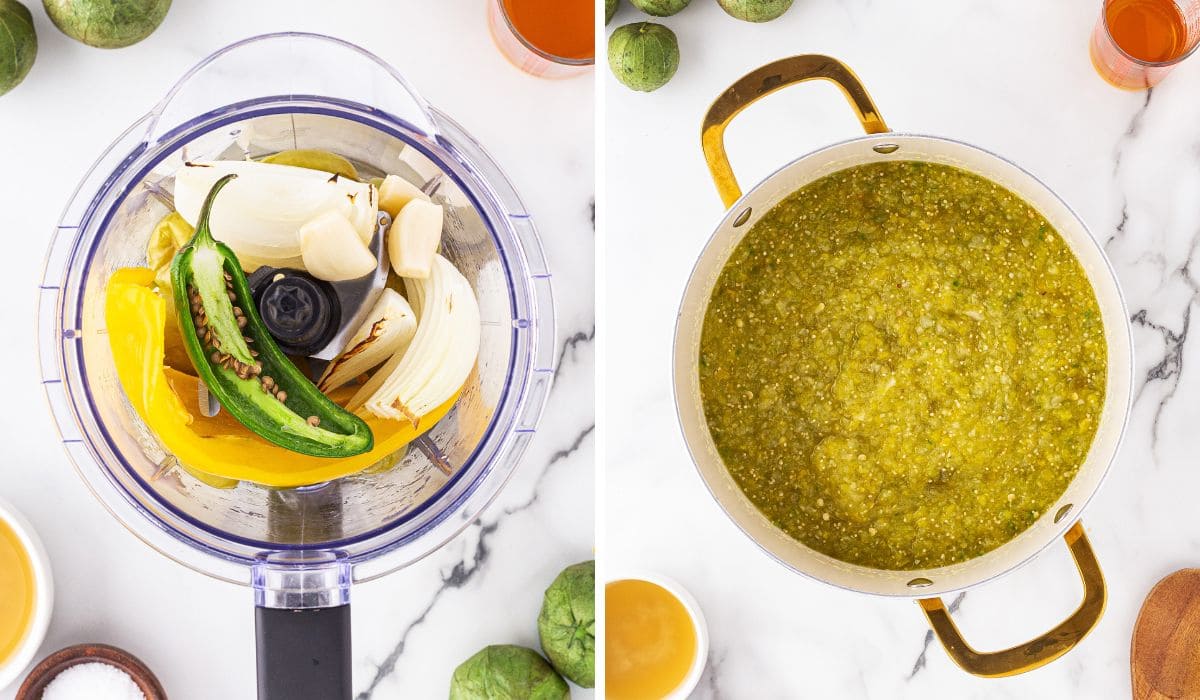 2 panel showing roasted veggies in a food processor and the chopped veggies in a pot, from above.