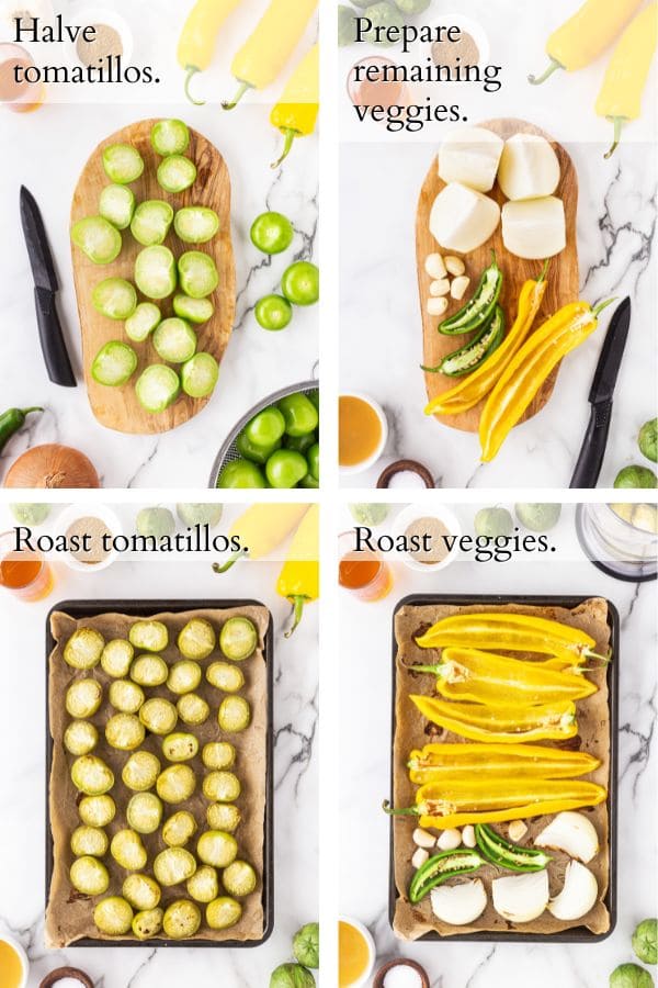 4 panel showing the prepared vegetables before and after roasting.