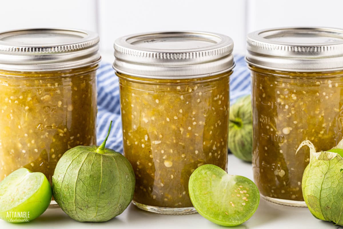 3 jars of home canned tomatillo salsa.