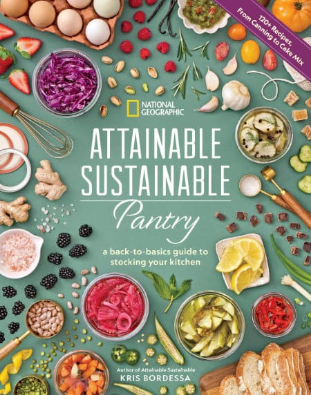 cover of Attainable Sustainable Pantry book, featuring numerous pantry items, collage style, on a light green background.